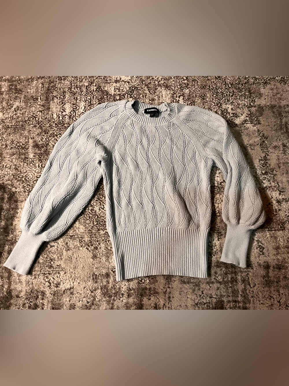 Express Light Grey / blueish Cable Knit Sweater with Puff Sleeves